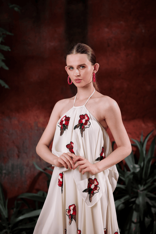Close-up of hand-embroidered floral motifs on ivory halter dress by Edition Two – premium women’s designer craftsmanship