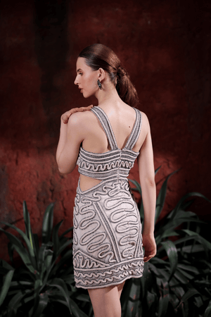 Back view of Edition Two embellished cut-out mini dress – low back and intricate embellishment on mini dress for women