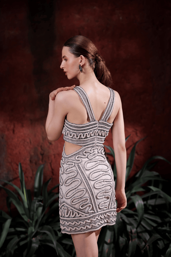 Back view of Edition Two embellished cut-out mini dress – low back and intricate embellishment on mini dress for women