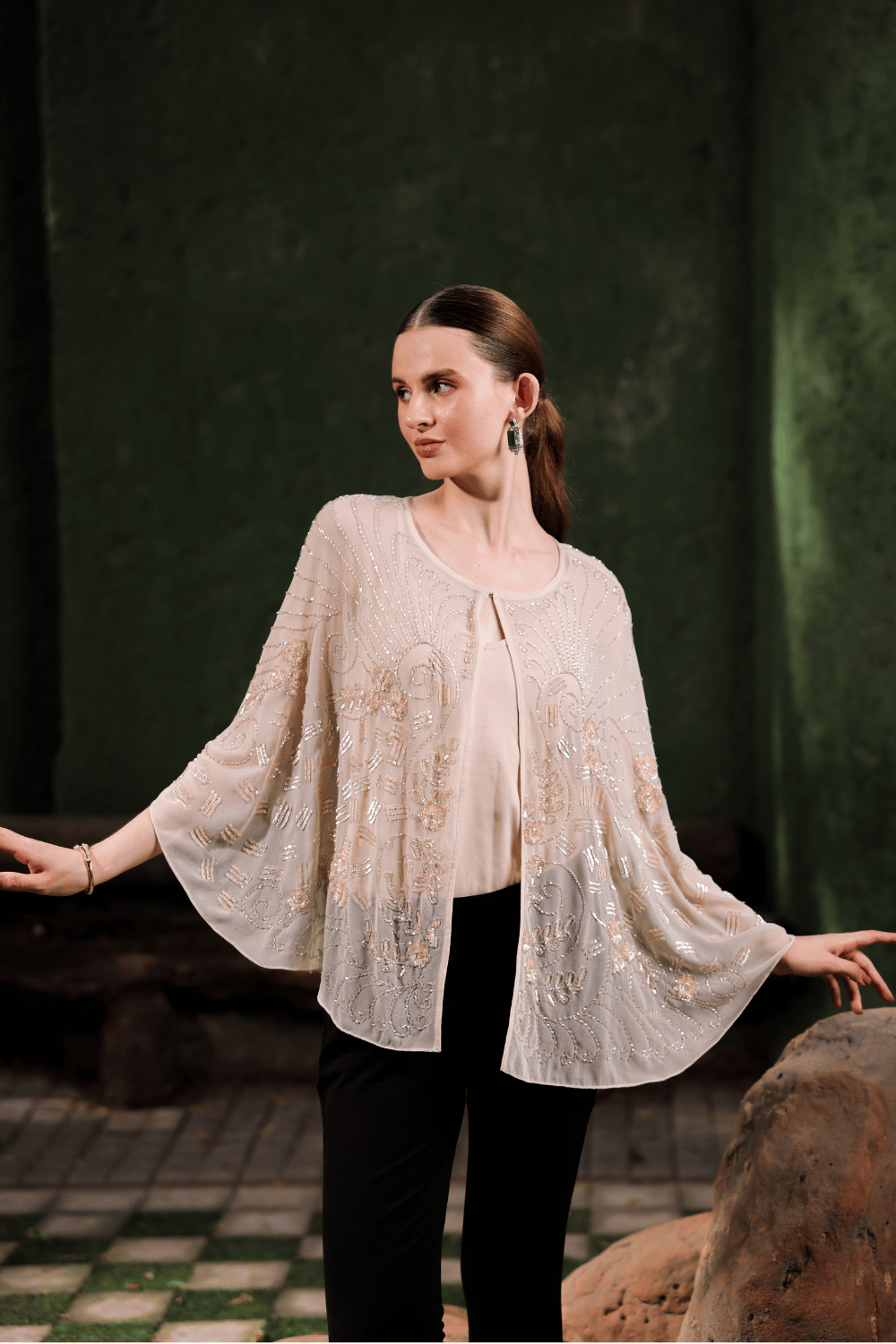 Edition Two nude beige inner vest – front view on model, women’s designer layering piece