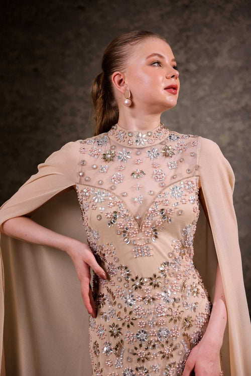 Nude Hand-Embellished Cape Gown