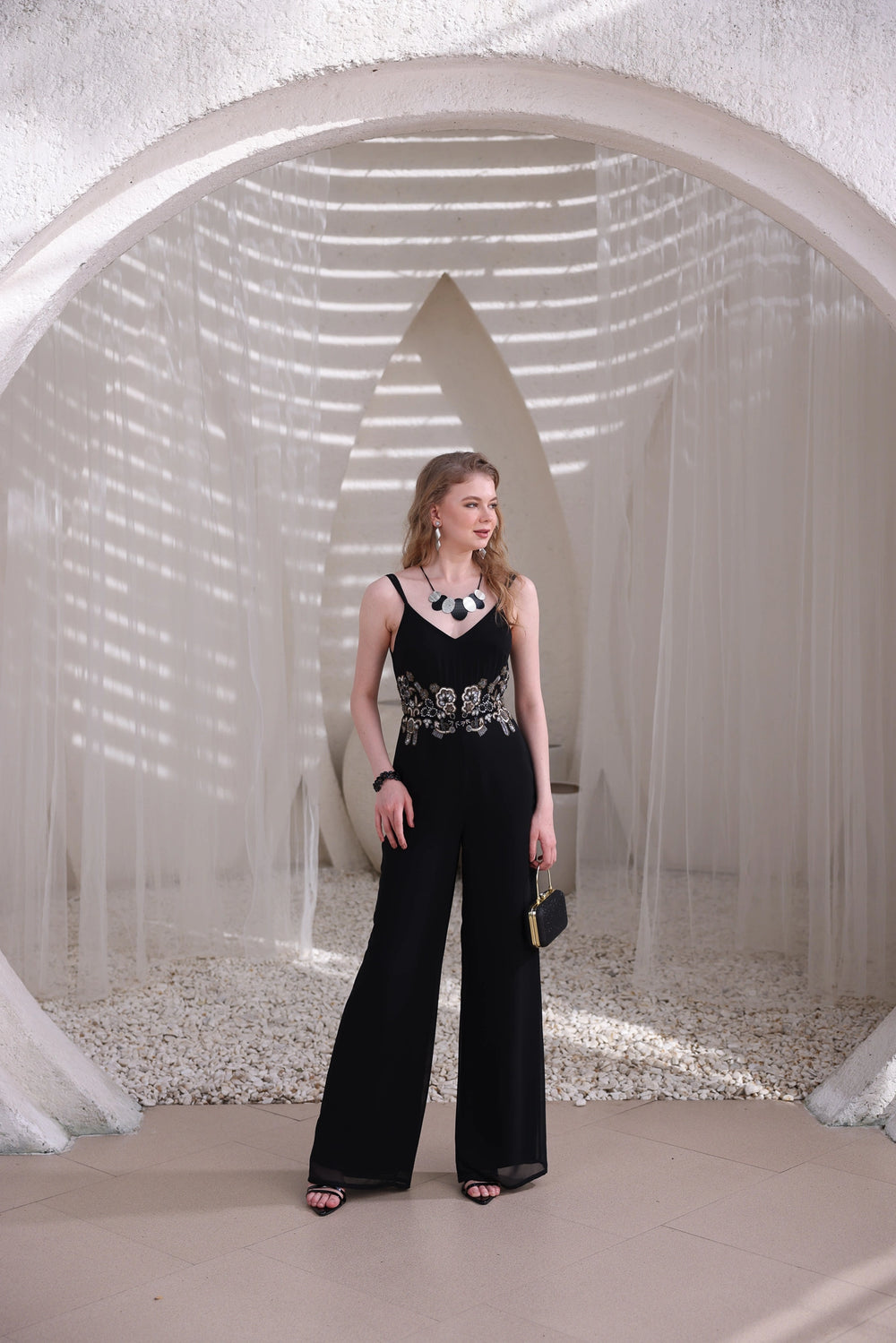 Black Embellished Wide-Leg Jumpsuit