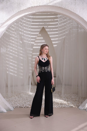 Black Embellished Wide-Leg Jumpsuit