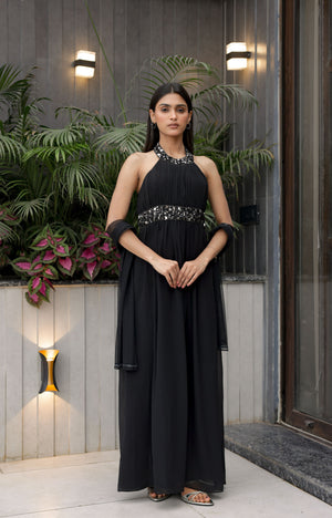 Black Halter Flow Dress