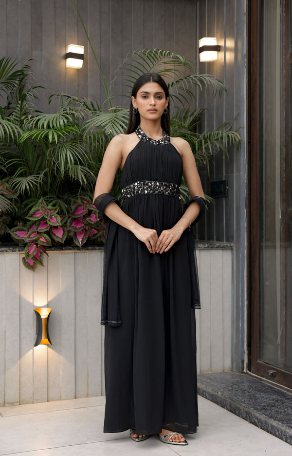 Black Halter Flow Dress
