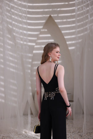 Black Embellished Wide-Leg Jumpsuit