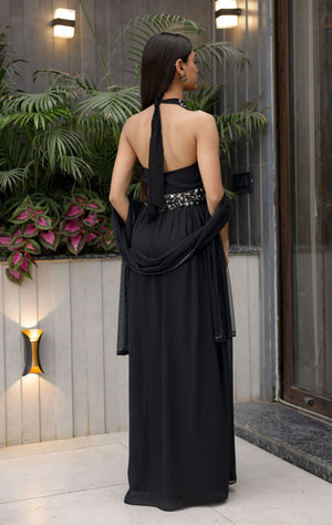 Black Halter Flow Dress