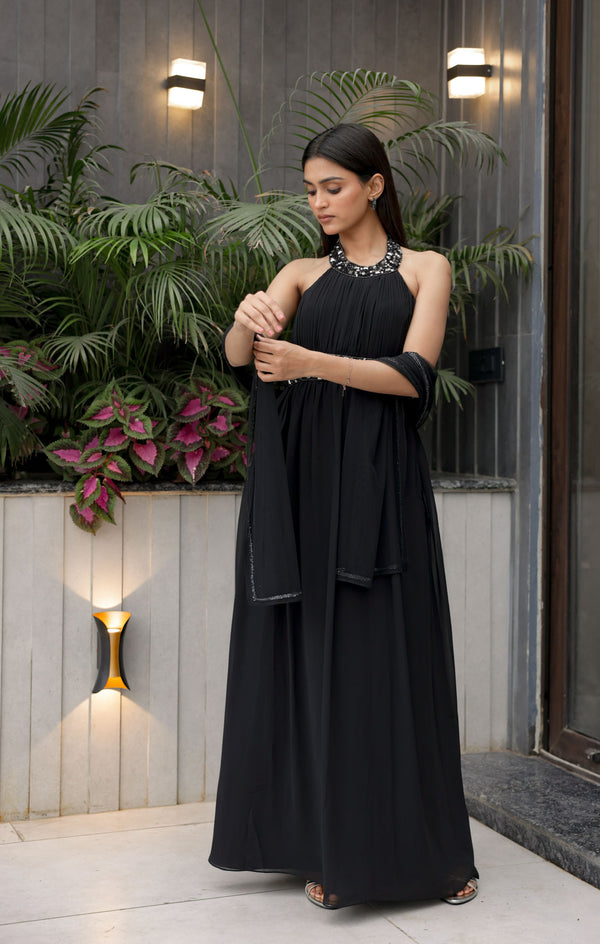 Black Halter Flow Dress