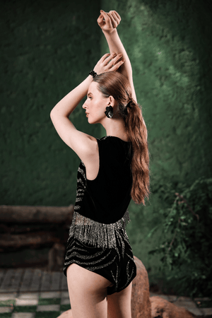 Side look of silver fringe detailing on Edition Two black co-ord set – premium finishing and texture