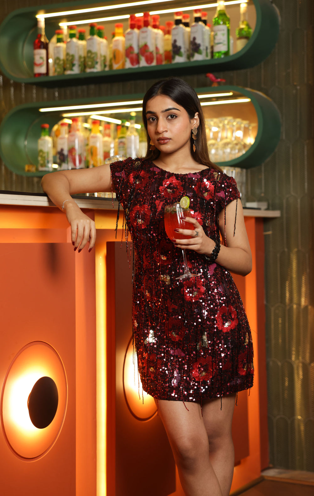 Deep Red Hand-Embellished Cocktail Dress with Open Back