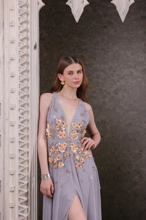 floral embroidered high low dress Lady Black Tie - Jennifer Dress - Embroidered Floral High-low Hemline