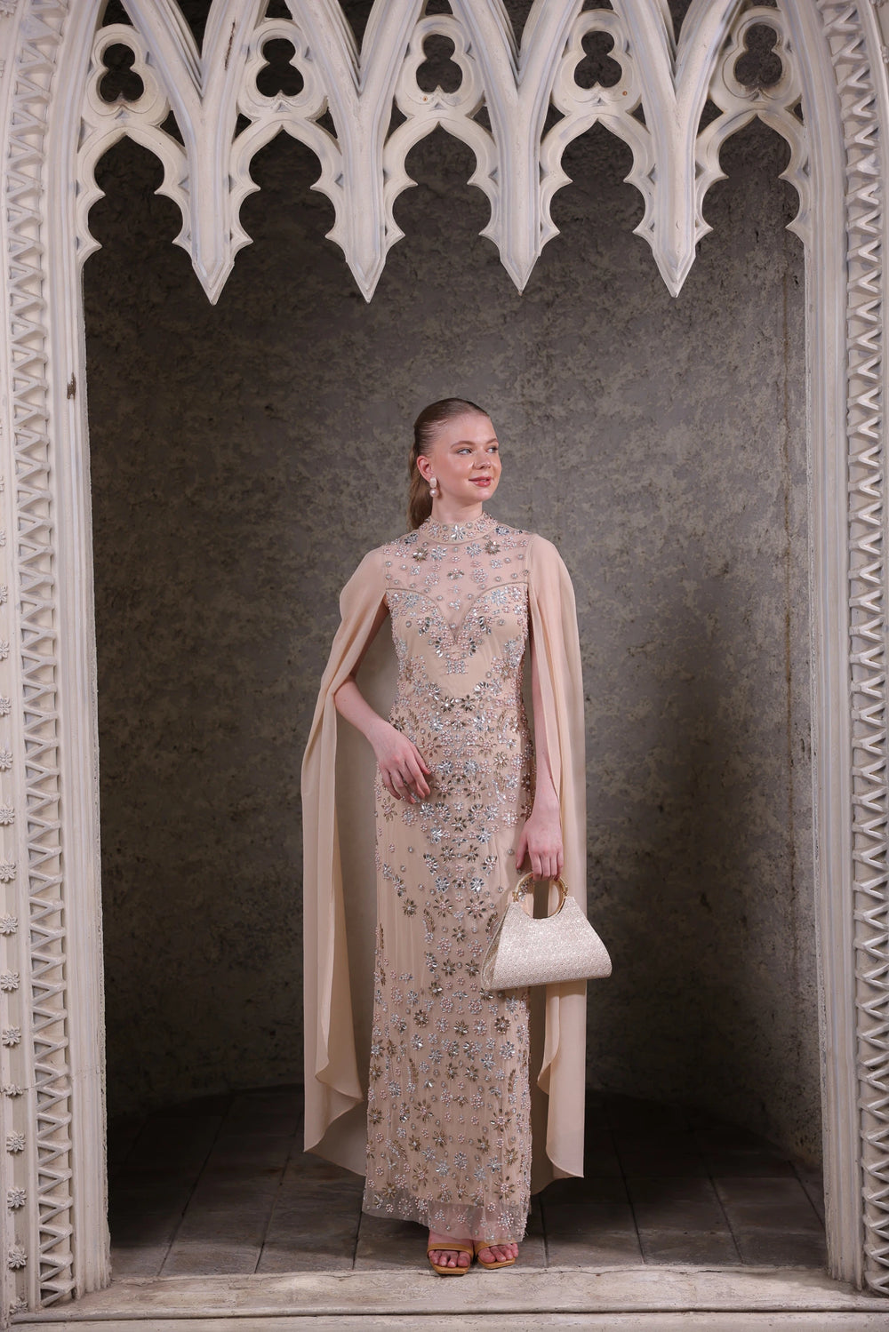 Nude Hand-Embellished Cape Gown