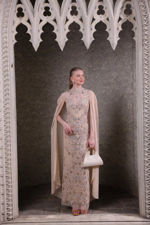 Nude Hand-Embellished Cape Gown