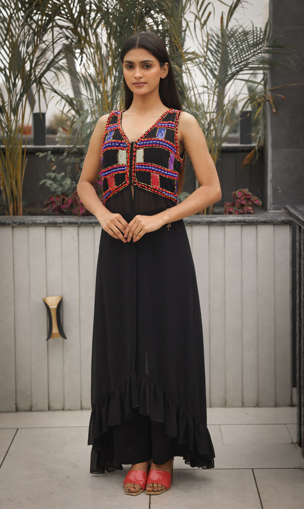 Black Boho Dress with Multi-Coloured Hand Beading