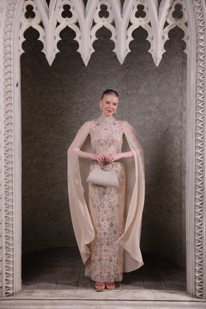 Nude Hand-Embellished Cape Gown