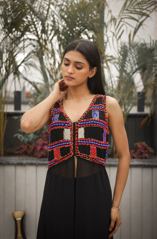Black Boho Dress with Multi-Coloured Hand Beading