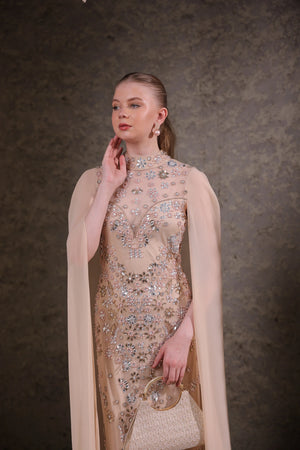 Nude Hand-Embellished Cape Gown