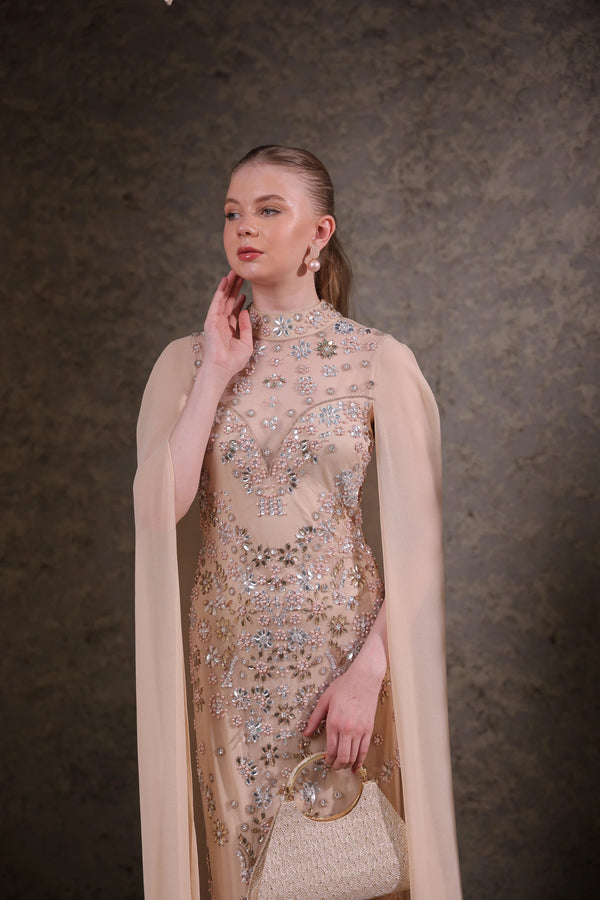 Nude Hand-Embellished Cape Gown