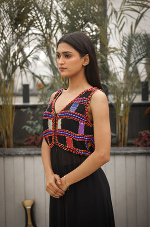 Black Boho Dress with Multi-Coloured Hand Beading