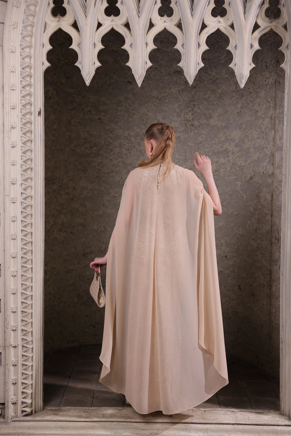 Nude Hand-Embellished Cape Gown
