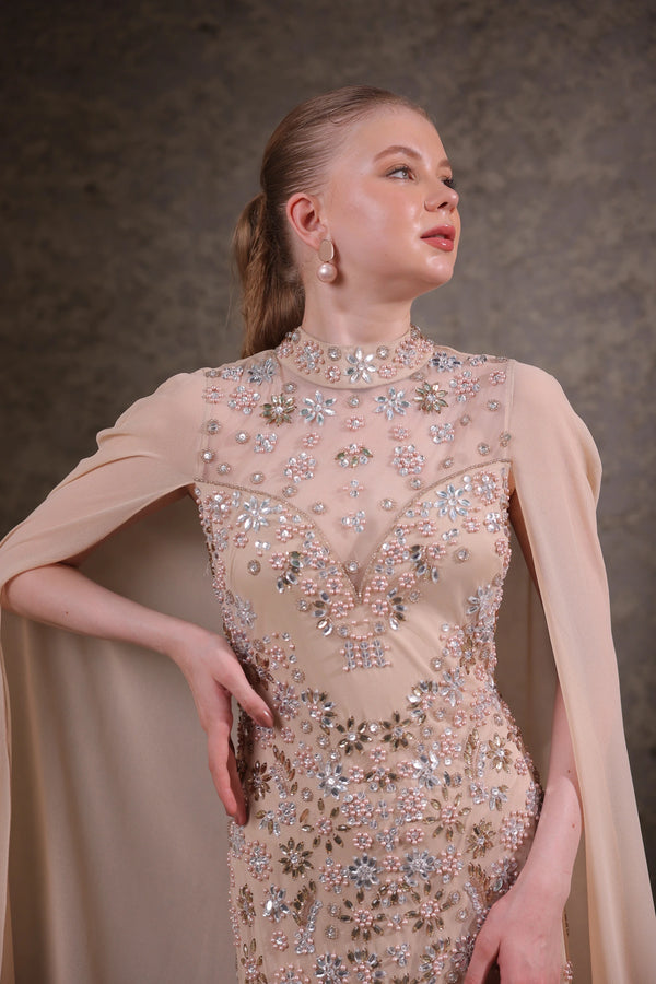 Nude Hand-Embellished Cape Gown
