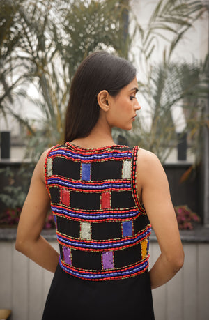 Black Boho Dress with Multi-Coloured Hand Beading