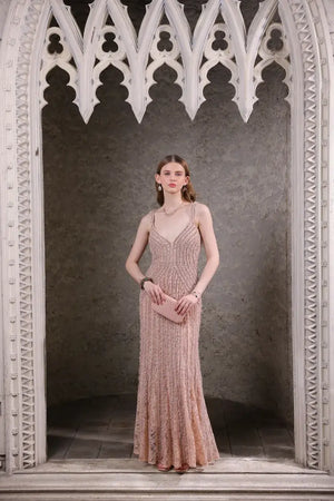Blush Pink Hand-Beaded Lace Gown