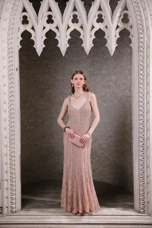 Blush Pink Hand-Beaded Lace Gown