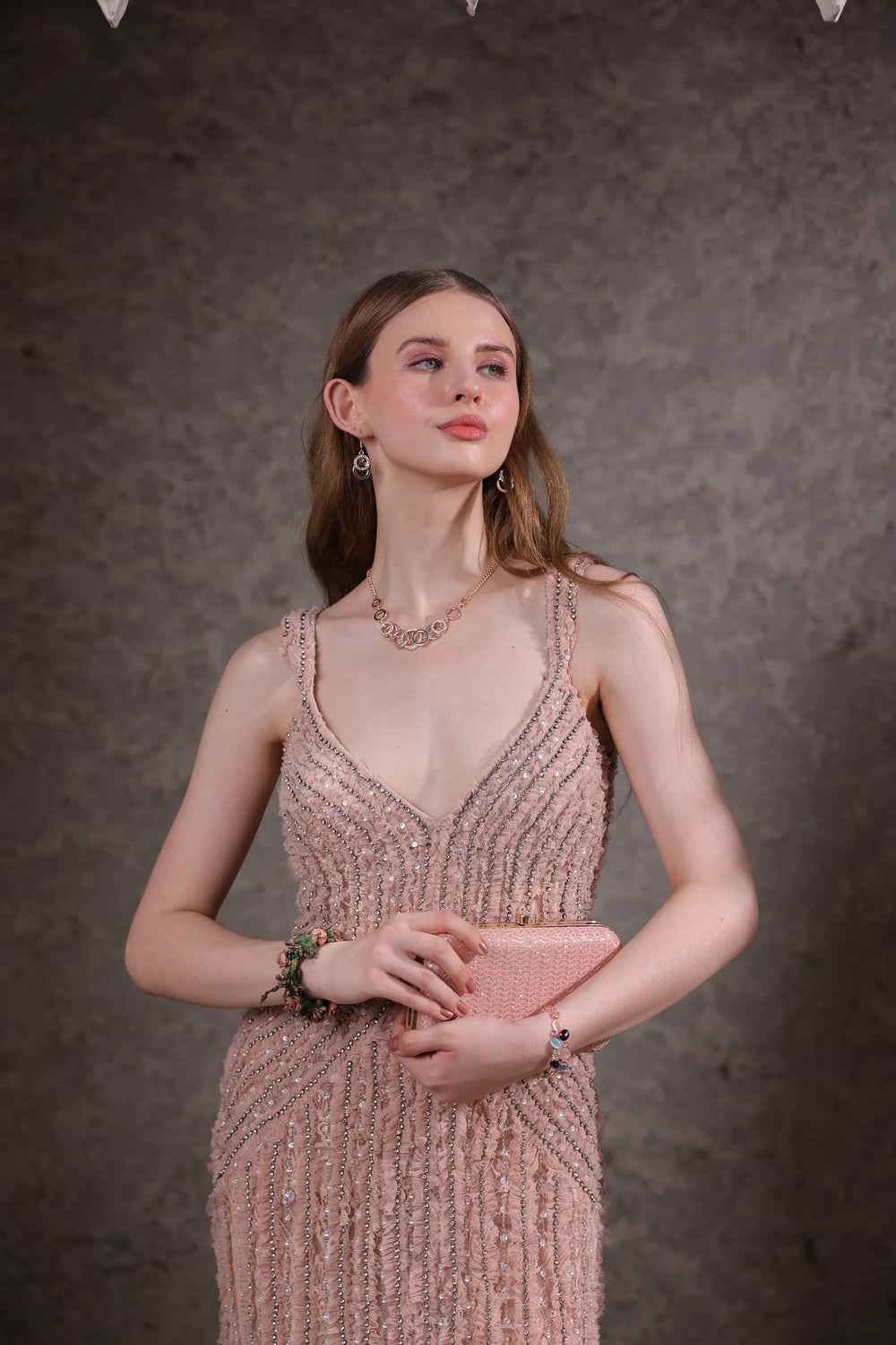 Blush Pink Hand-Beaded Lace Gown