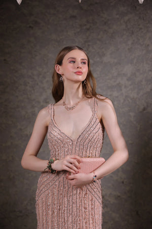 Blush Pink Hand-Beaded Lace Gown