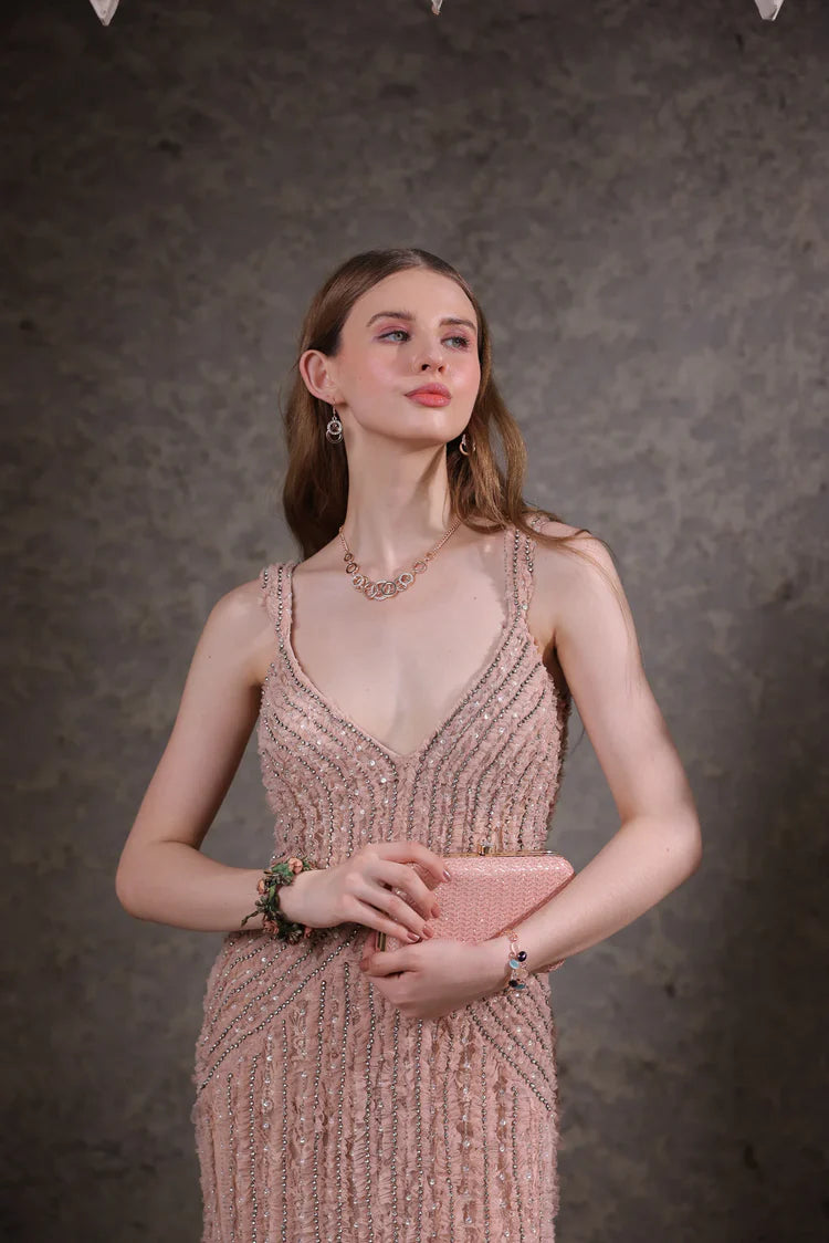Blush Pink Hand-Beaded Lace Gown