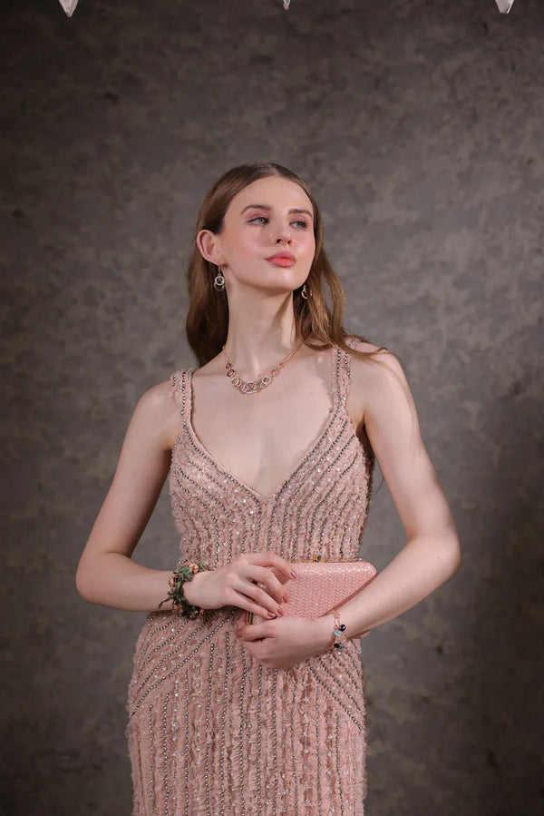 Blush Pink Hand-Beaded Lace Gown