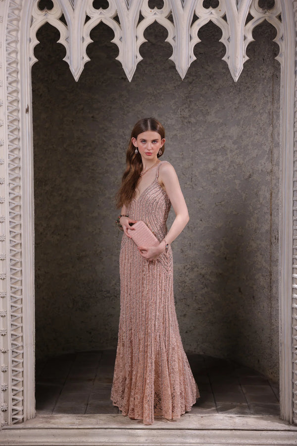 Blush Pink Hand-Beaded Lace Gown