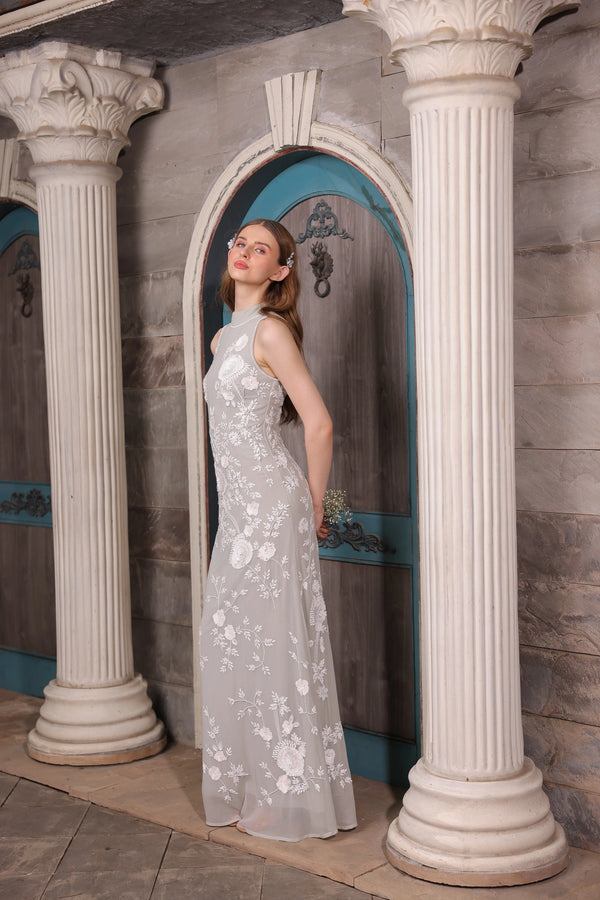 Grey Floral Hand-Embroidered Gown