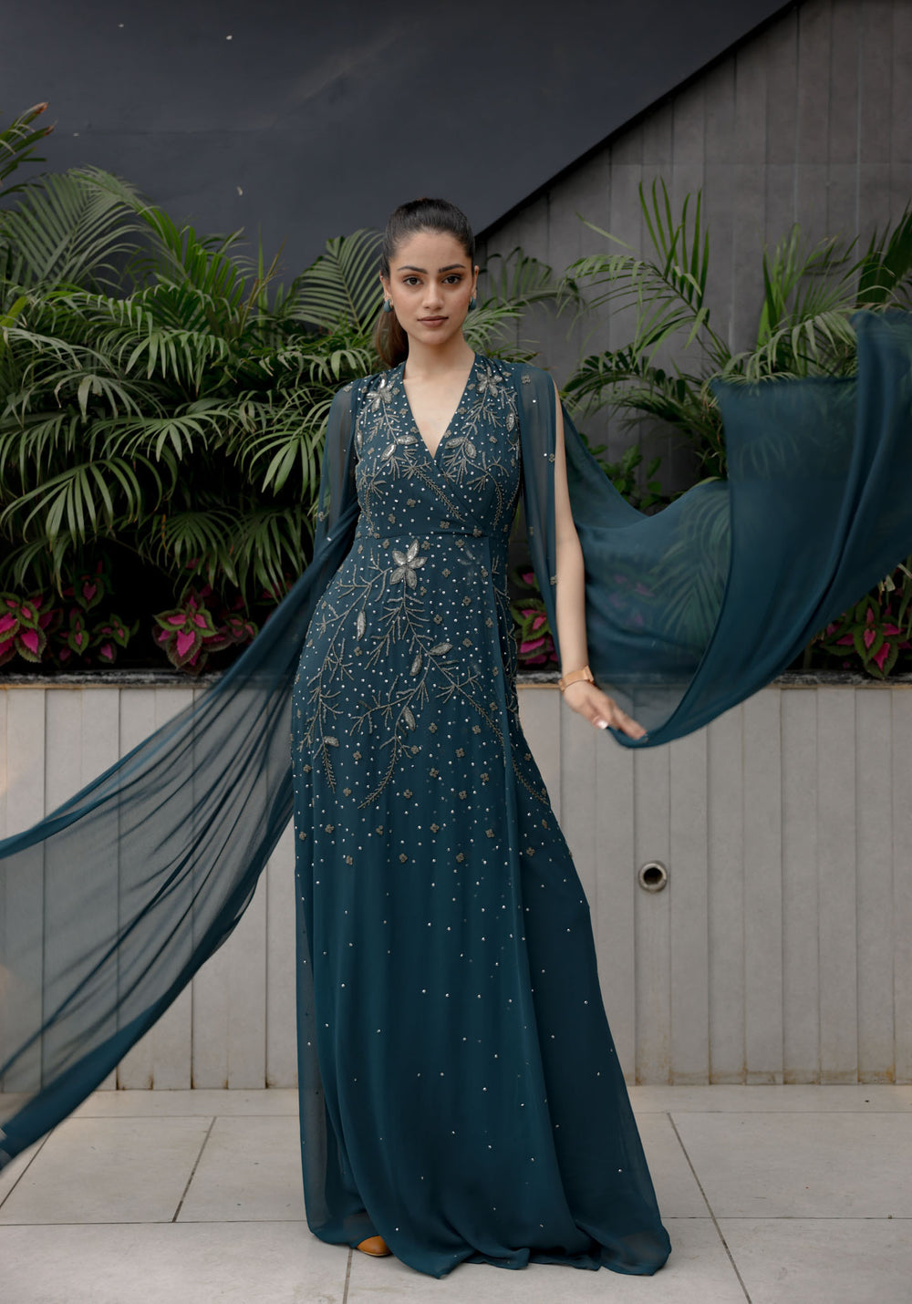 Deep Team Embroidered Wrap Gown