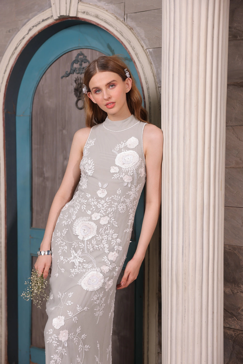 Grey Floral Hand-Embroidered Gown