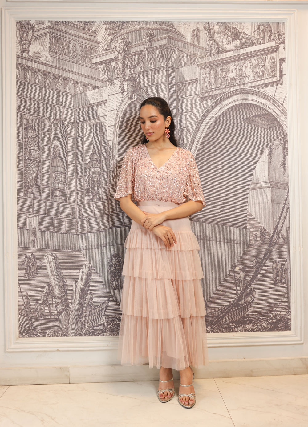 Blush Hand-Embellished Tiered Midi Dress