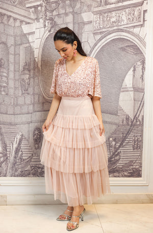 Blush Hand-Embellished Tiered Midi Dress