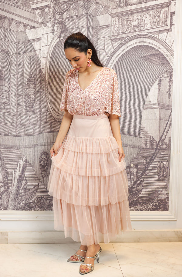 Blush Hand-Embellished Tiered Midi Dress