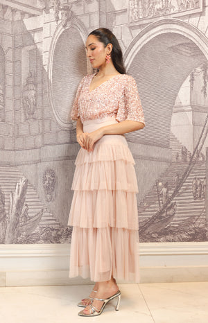Blush Hand-Embellished Tiered Midi Dress