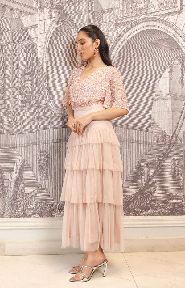 Blush Hand-Embellished Tiered Midi Dress