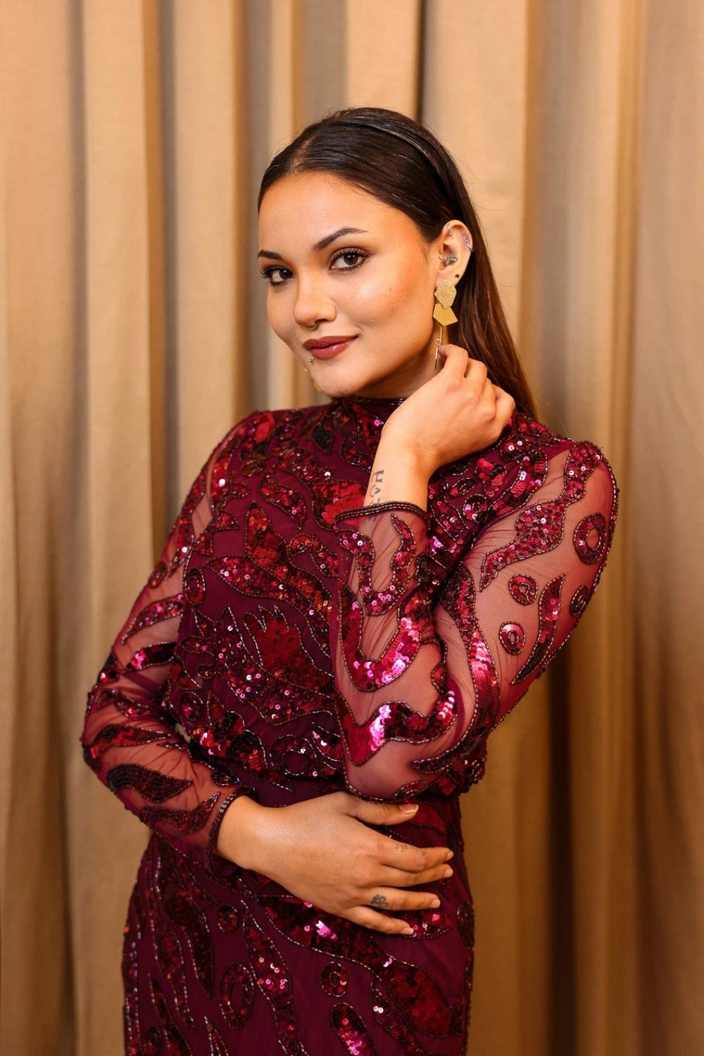 Wine High-Neck Sequin Midi