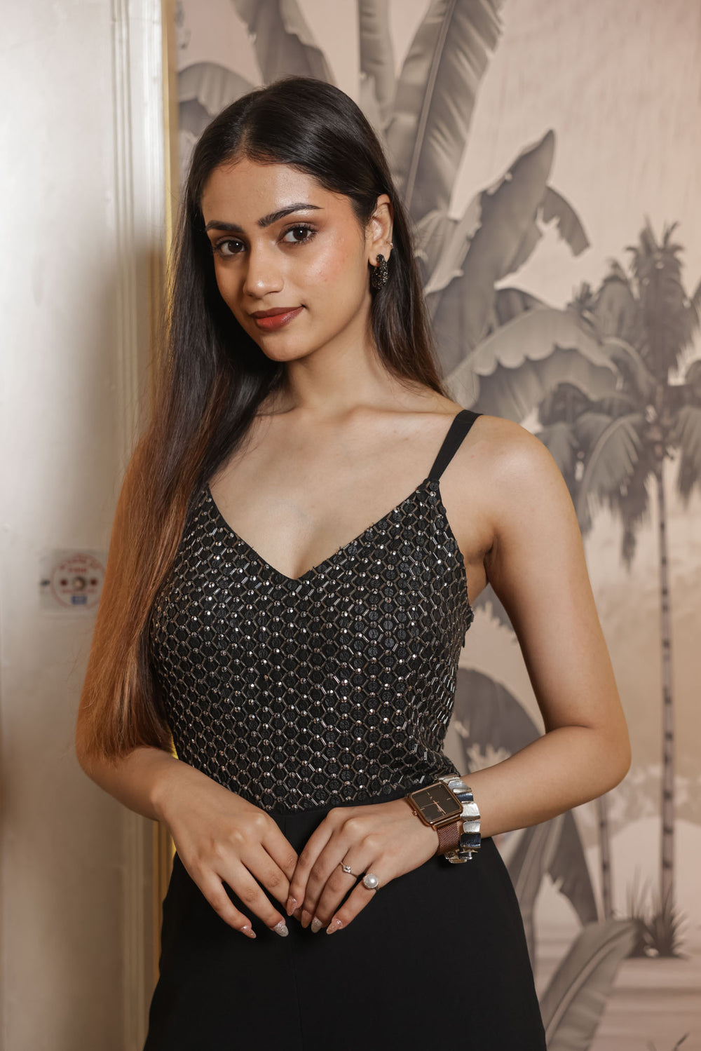 Black Hand-Beaded Jumpsuit