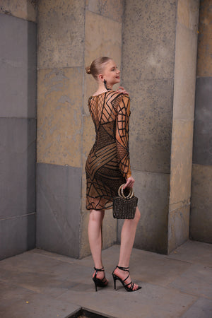 Bronze and Black Hand-Beaded Mesh Dress