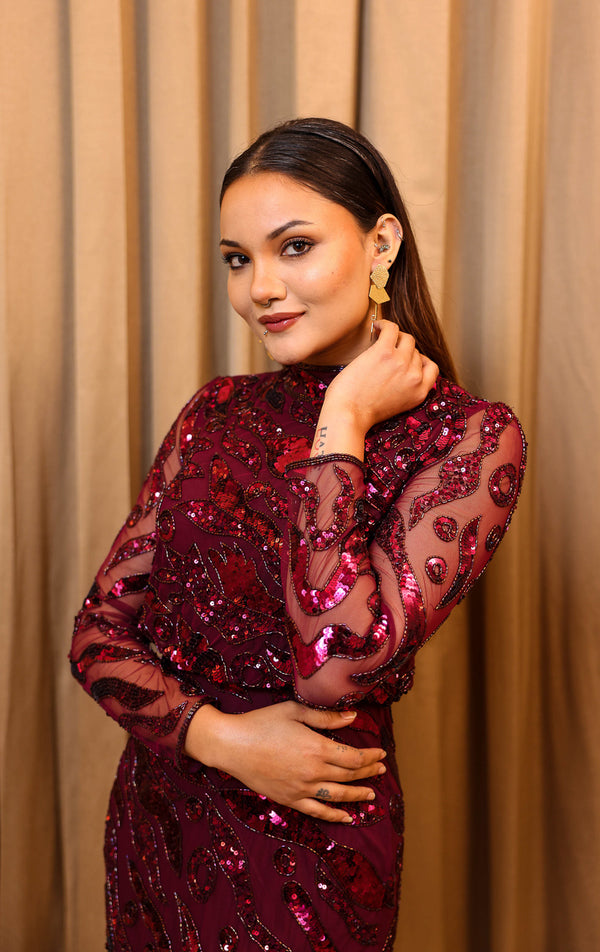 Wine High-Neck Sequin Midi