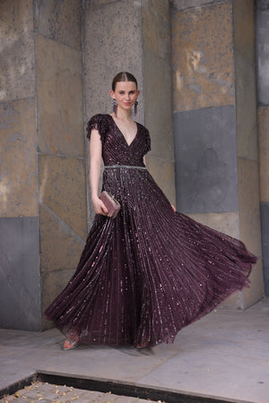 Blackberry Sequin Gown with Tiered Sleeves