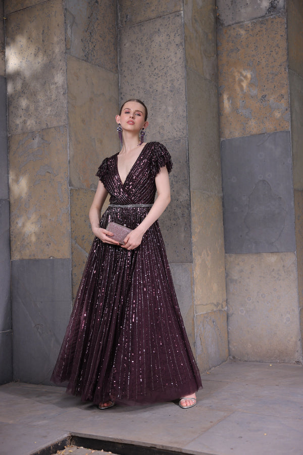 Blackberry Sequin Gown with Tiered Sleeves