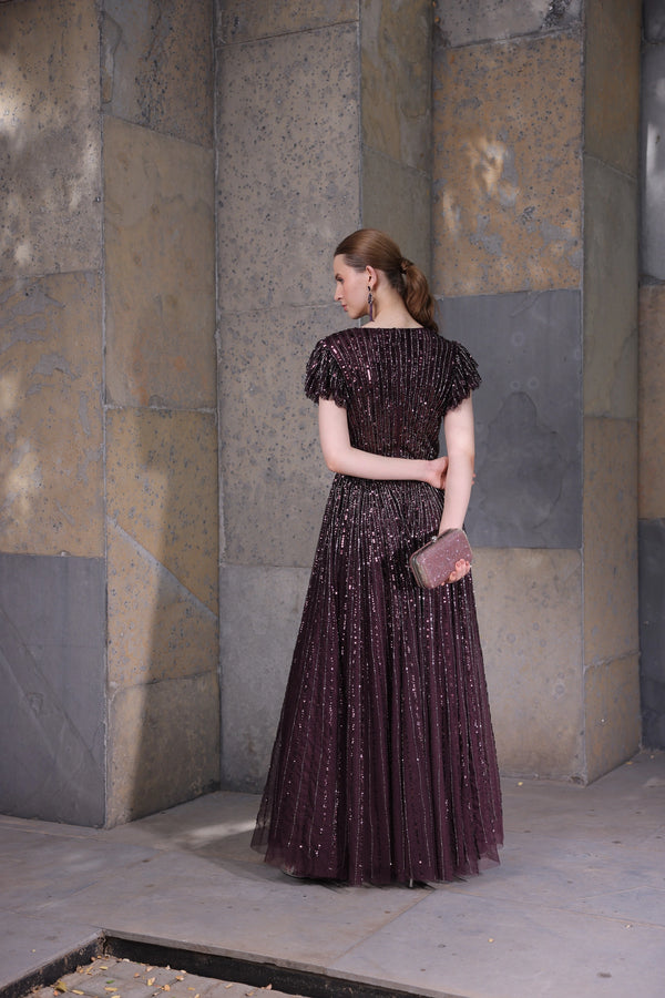 Blackberry Sequin Gown with Tiered Sleeves