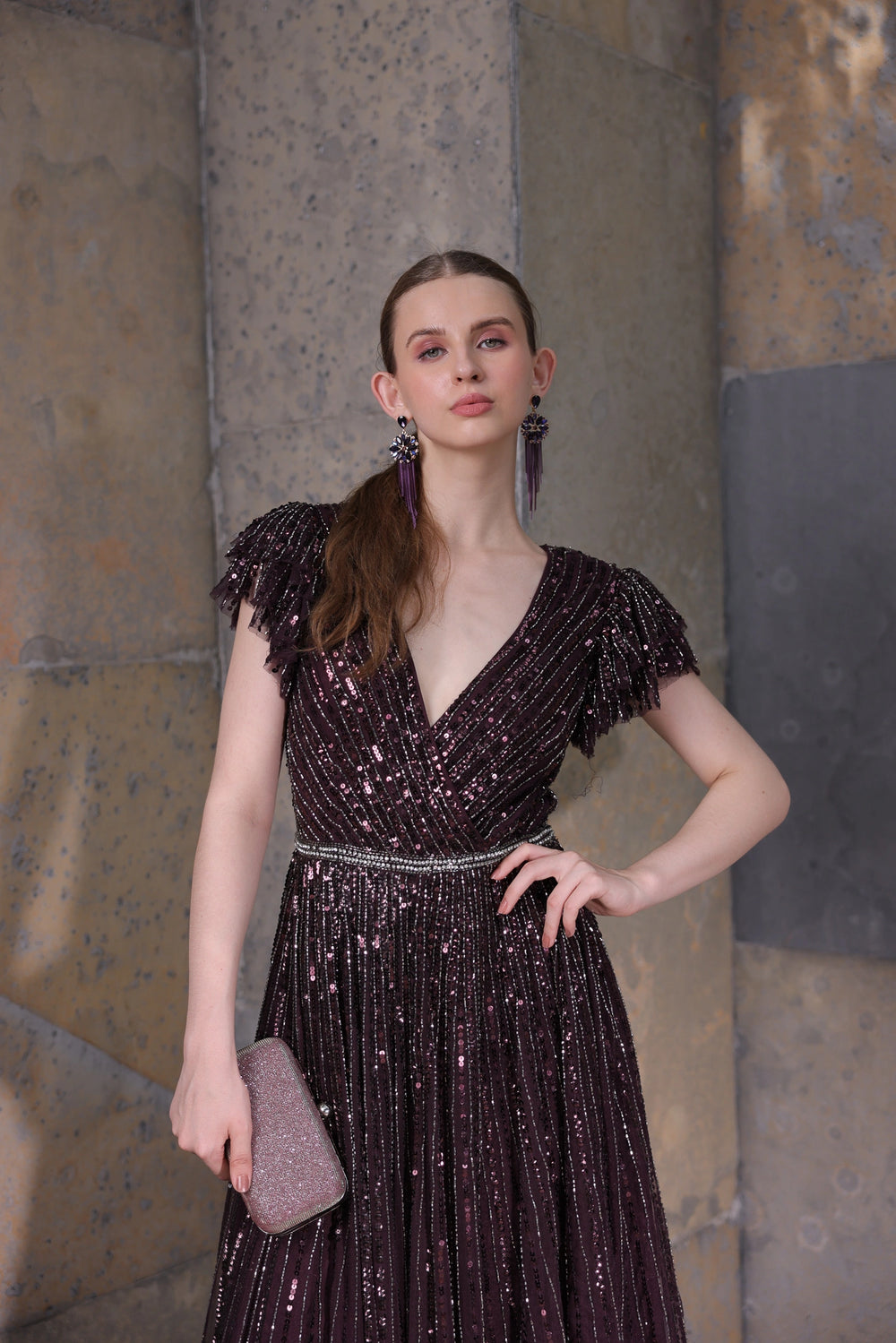 Blackberry Sequin Gown with Tiered Sleeves