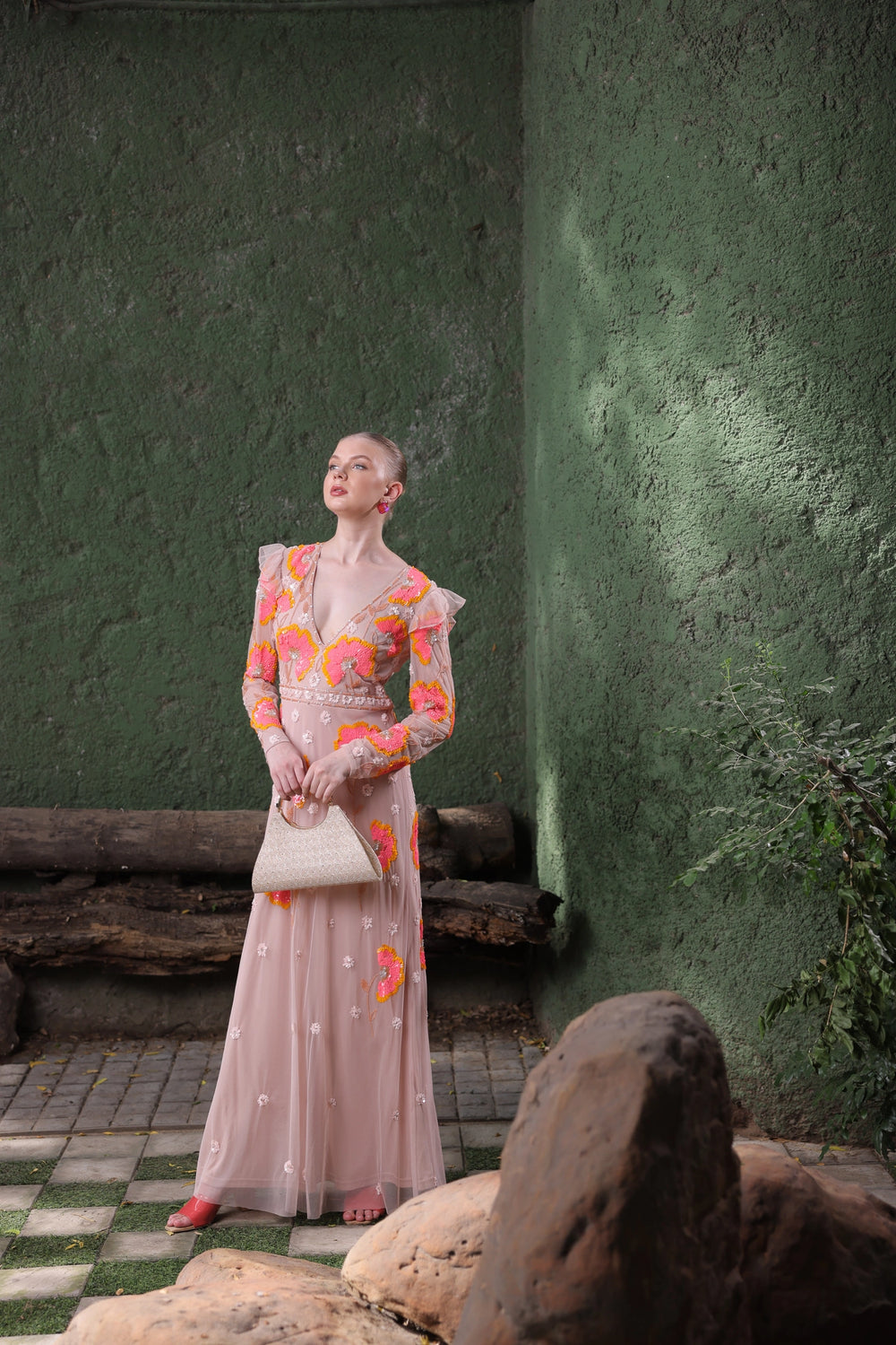 Peach Floral Embroidered Gown